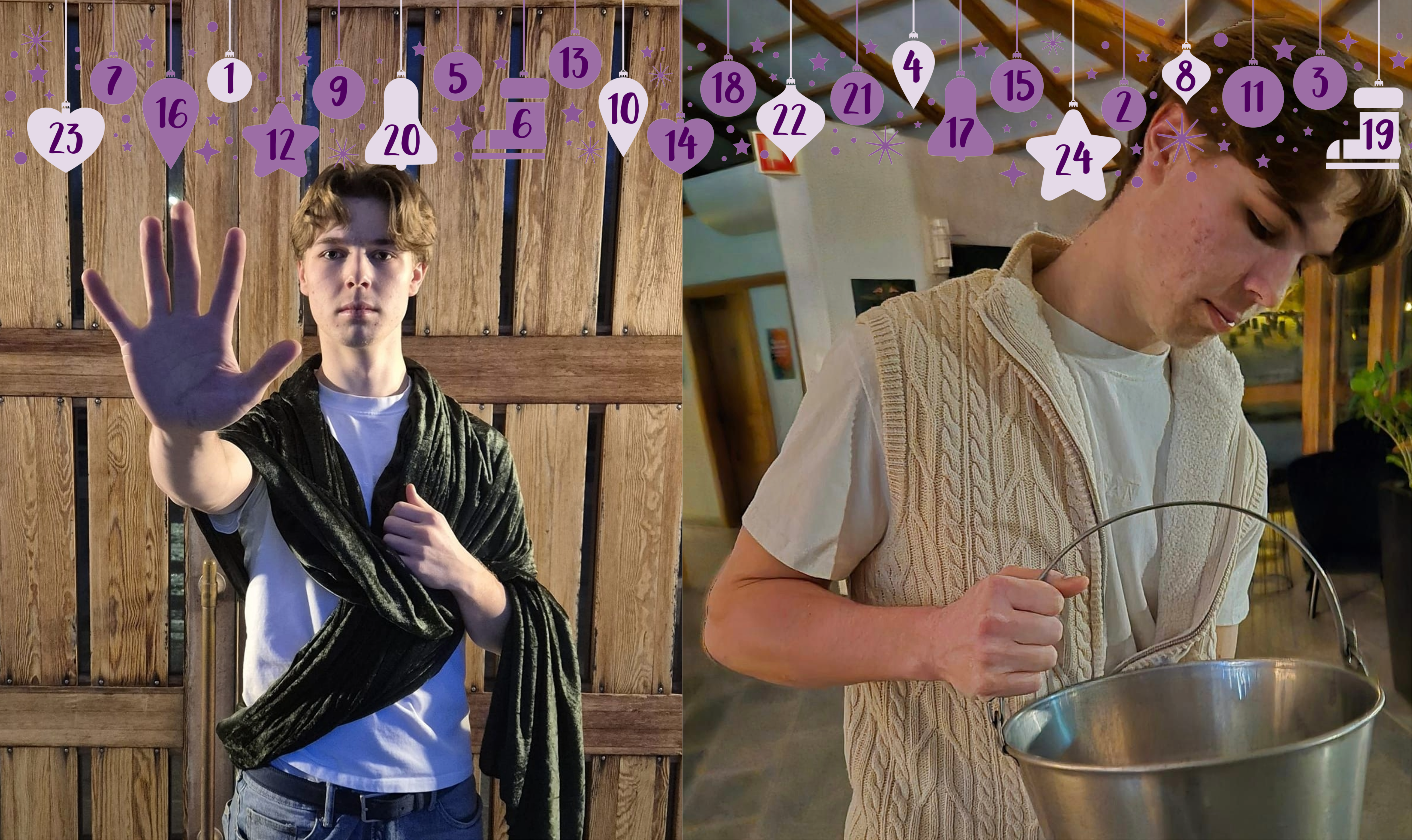 to bilder av en ungdom. 1. han holder hånden ut som om han sier stopp. 2. han holder en metallbøtte og se ned i den. Øverst illustrasjon i lilla med tall fra 1 til 24 i ulike former.