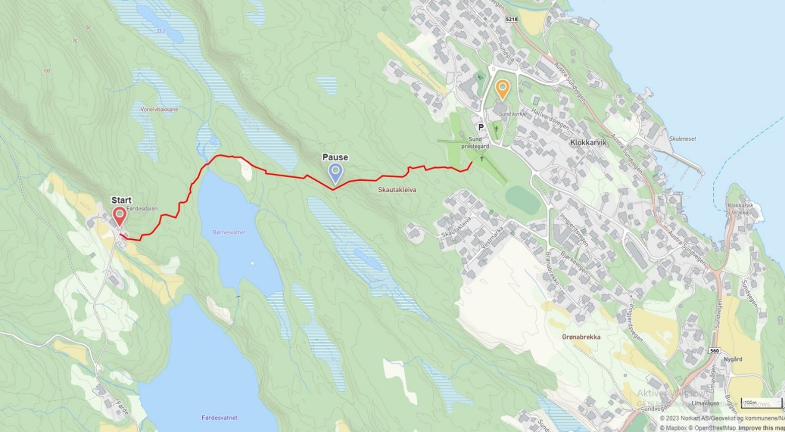 Skjermbilde av et kart i terrengmodus som viser løypen til turen med en rød linje