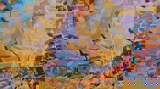 Utsnitt av måleriet 'Våren' av Sigmund Årseth som heng I Rogne kyrkjestoge. Foto Eli Vatn.