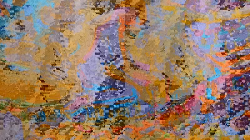 Utsnitt av måleriet 'Våren' av Sigmund Årseth som heng I Rogne kyrkjestoge. Foto Eli Vatn.