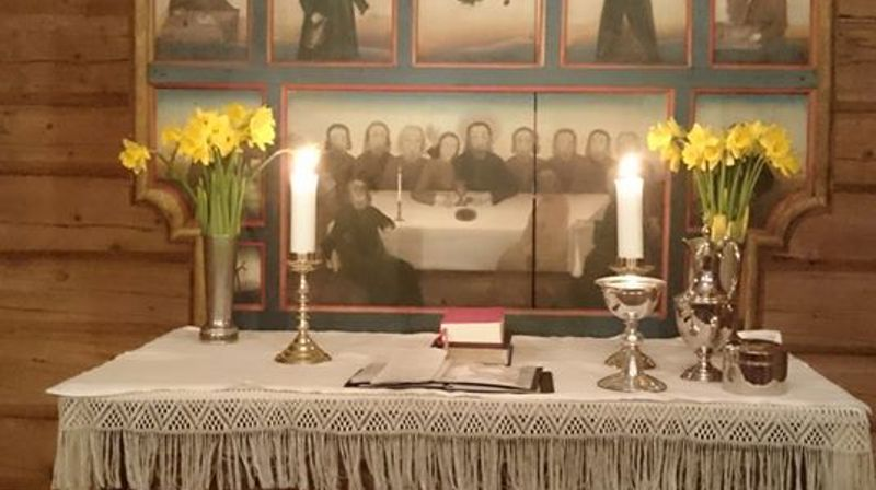 Alteret i Volbu kyrkje pynta med påskeliljer og bordet dekt for Jesu måltid Foto: Eli Vatn