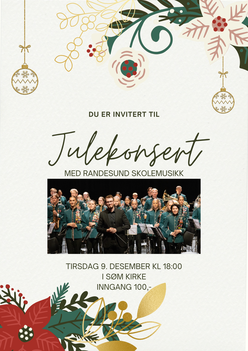 PLAKAT: Randesund skolemusikk har julekonsert i Søm kirke tirsdag 9. desember kl. 18
