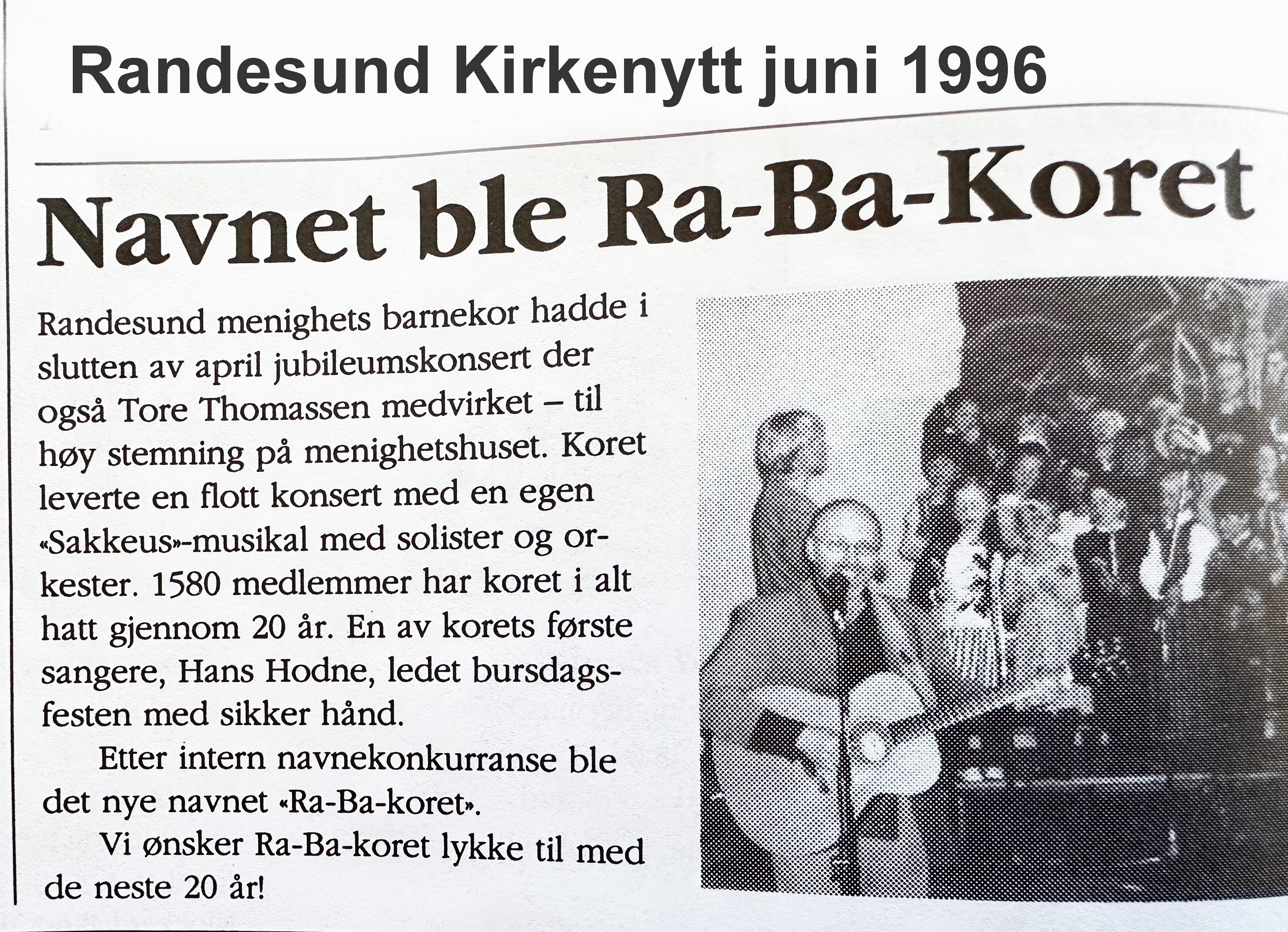 Faksimile fr Randesun Kirkenytt juni 1996: Navnet ble Ra-Ba-Koret