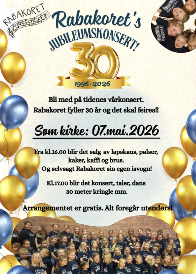 Plakat: JUbileumskonsert 7. mai. Salg fra kl. 16. Konsert kl. 17