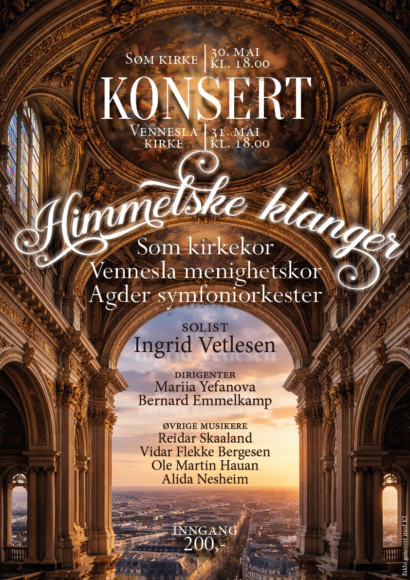 Plakat: Konsert "Himmelske klanger" - S&oslash;m kirke l&oslash;rdag 30. mai kl. 18, Vennesla kirke s&oslash;ndag 31. mai kl. 18