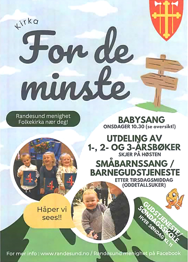 Plakat: Tilbud til de minste. Babysang, 1-, 2- og 3-årsbøker, Småbarnssang, Barnegudstjenester, Søndagsskole