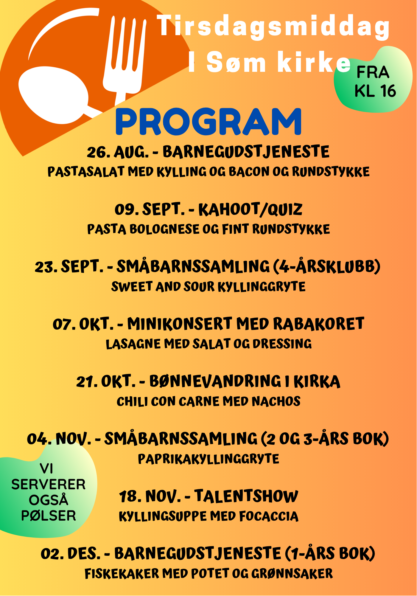 Program tirsdagsmiddag høsten 2025