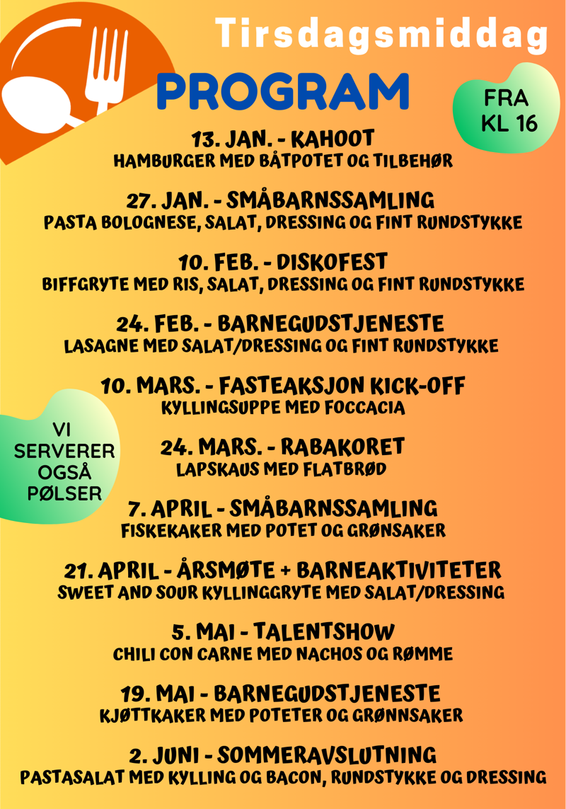 Program tirsdagsmiddag v&aring;ren 2026