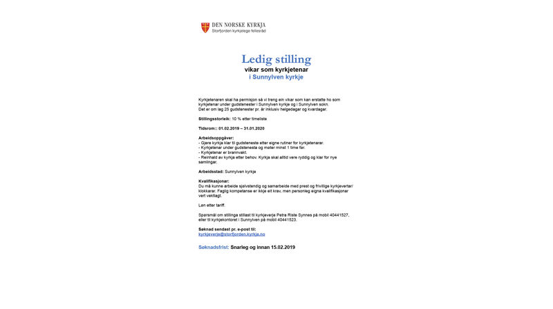 Ledig stilling, vikar som kyrkjetenar i Sunnylven kyrkje.