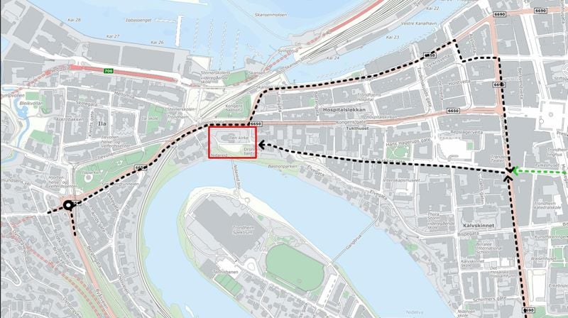 Kart over adkomst til Ilen kirke med bil