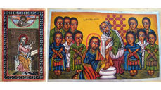 Venstre: Bokillustrasjon - Johannes. Høyre: Etiopisk ikon - Jesus vasker disiplenes føtter