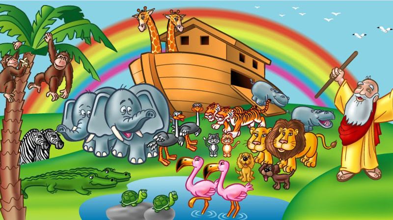 Tegning av Noah foran arken med mange dyr. Regnbuen er på himmelen.