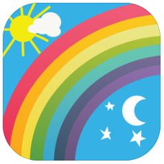 Logo Takk for i dag-app. Bildet inneholder en bå himmel med sol, sky, måne, stjerner og regnbue