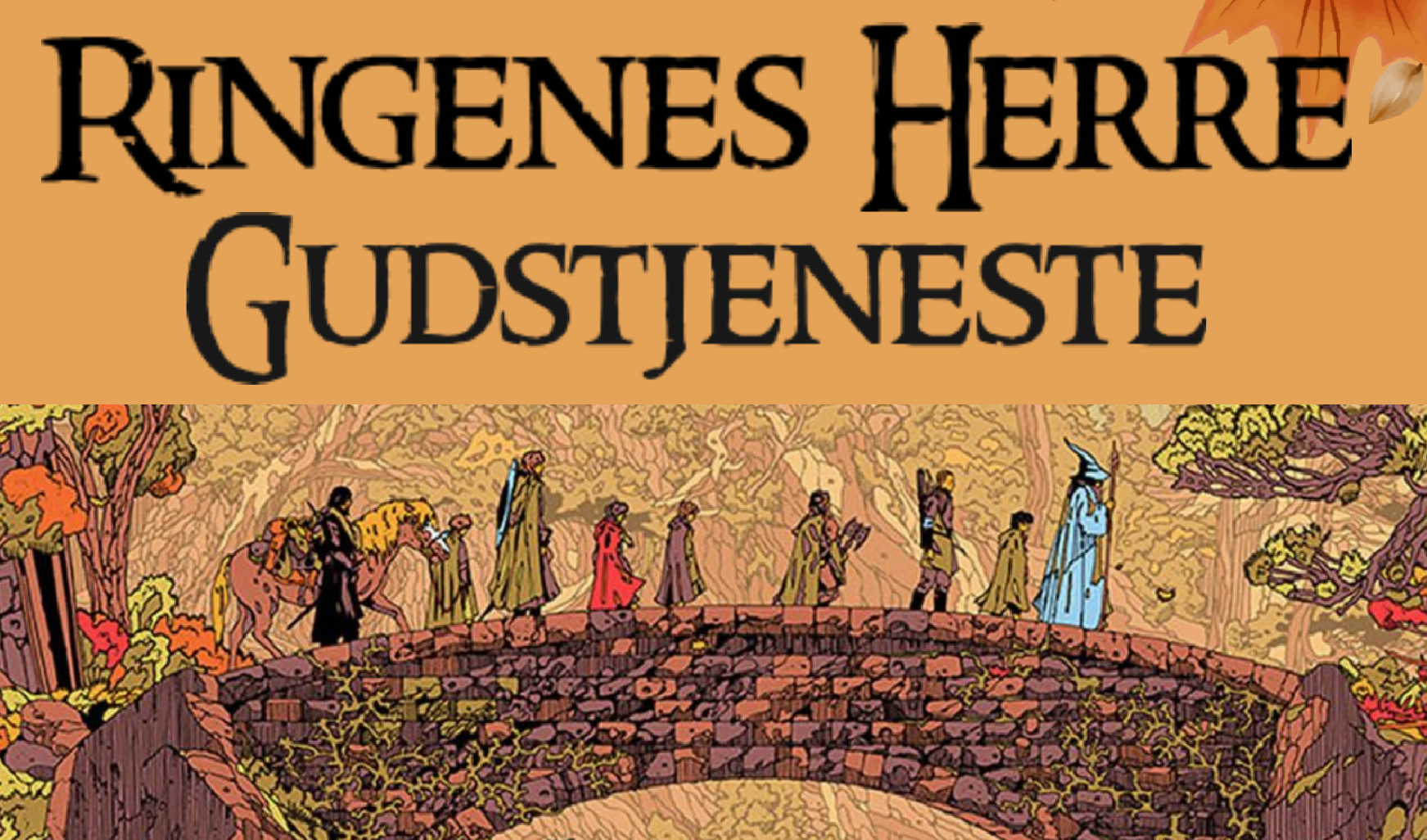 Tegning av figurer fra Ringenes Herre som går over en bro