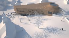 samspel mellom eksisterande kyrkje og ny kyrkje med bevaring av nedlagd kyrkjegard. Illustrasjonsbilde frå skisseprosjektet til Ulstein nye kyrkje frå arkitektkontoret Snøhetta