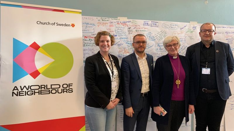 I Malmö, Sverige: Kaia D Schultz Rønsdal /Teologisk fakultet, Universitet i Oslo, imam Senaid Kobilicia, erkebiskop Antje Jackelén og Einar Tjelle, seksjonsleder for økumenikk og dialog i Kirkerådet i Den norske kirke.