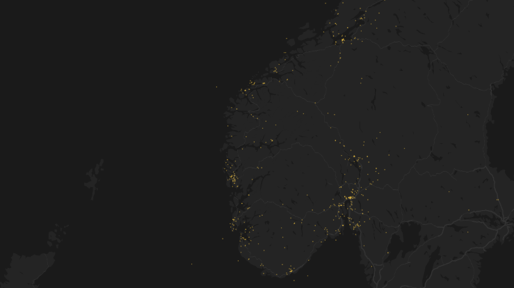 Kart av norge med mange små lysprikker