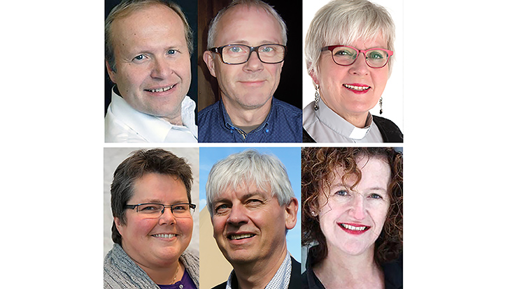 Nominert til stillingen som biskop i Sør-Hålogaland. Øverst fra venstre: Hallgeir Elstad,  Olav Rune Ertzeid, Ann-Helen Fjeldstad Jusnes, Kristine Sandmæl, Rolf Steffensen og Kari Veiteberg.