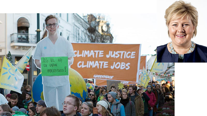 Flere klimajobber var ett av kravene under "Folkets klimamarsj" 28. november i fjor. På konferansen "Broen til framtiden" i Oslo 19. februar mottar statsminister Erna Solberg oppfordring om å følge opp dette. (Foto: broentilframtiden.com og regjeringen.no)