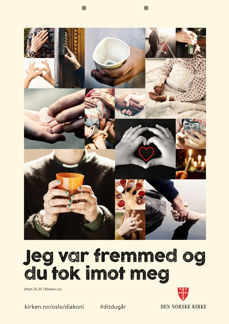 En av tre plakater fra Oslo bispedømmes trikkekampanje om diakoni.