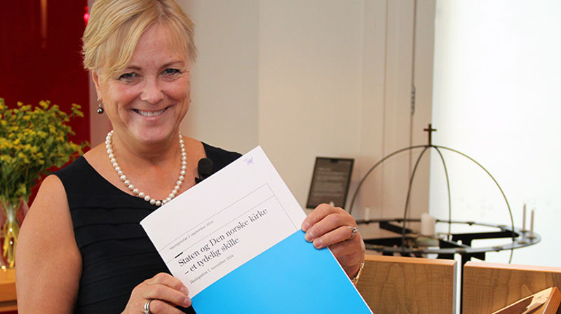 Kulturminister Thorhild Widvey presenterte 2. september regjeringens opplegg for  et tydelig skille mellom staten og Den norske kirke.