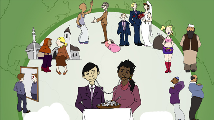 Illustrasjon fra heftet "På vei mot et inkluderende samfunn" utgitt av Norges Kristne Råd, Kirkerådet og Mellomkirkelig råd for den norske kirke, Kristelig studieforbund, Kristent Interkulturelt Arbeid og Den norske kirkes nord/sør-informasjon  2012.