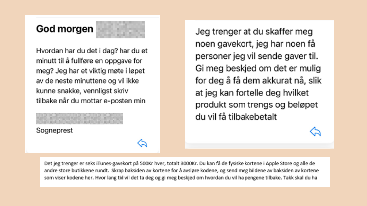 Eksempel på tre e-poster som er sendt ut som svindelforsøk.