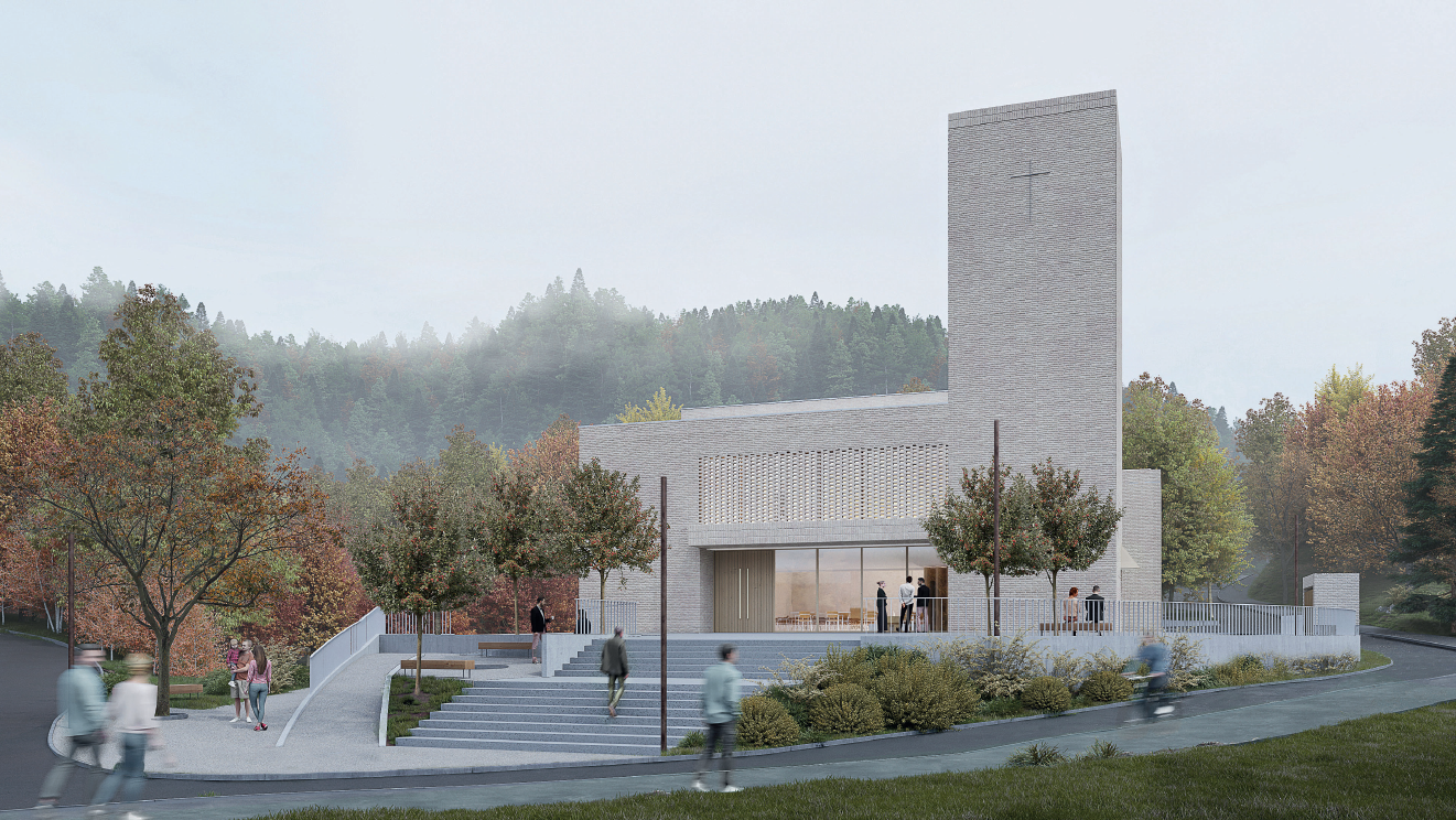 Sædalen kirke i Bergen er første kirke som blir godkjent etter nye retningslinjer. Illustarsjon: Hille og Melbye arkitekter / Koht arkitekter.