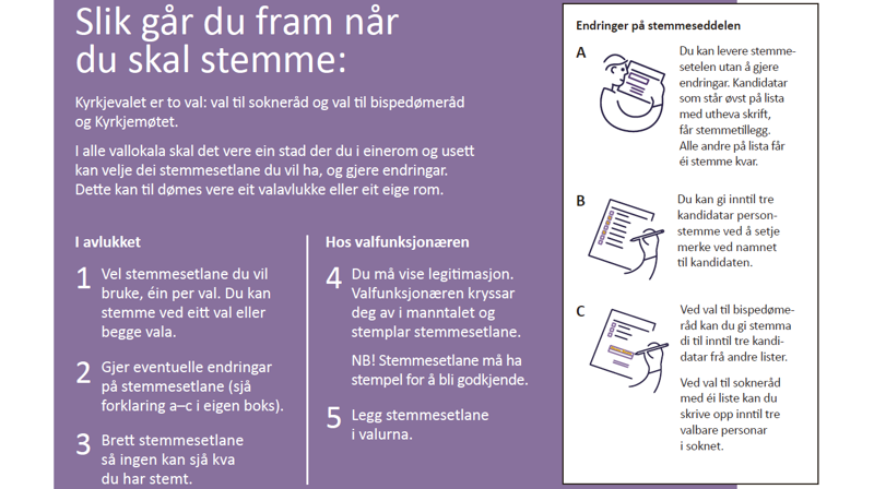 På baksida av sjølve valkortet er det ei forklaring av korleis ein går fram for å stemme. Teksten frå denne rettleiinga finn du lenger ned på denne sida.
