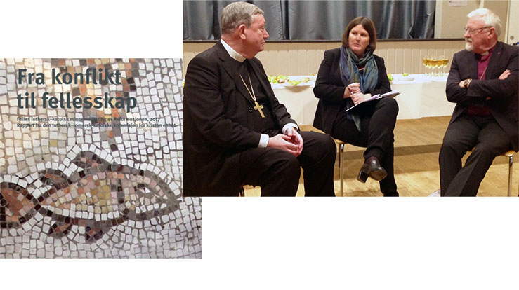 Biskopene Bernt I. Eidsvig og Ole Chr. M. Kvarme presenterte 26. november 2015 den norske oversettelsen av "From Conflict to Communion" utgitt av den luthersk-katolske enhetskommisjonen. I midten Ingrid Rosendorf Joys som ledet presentasjonen.