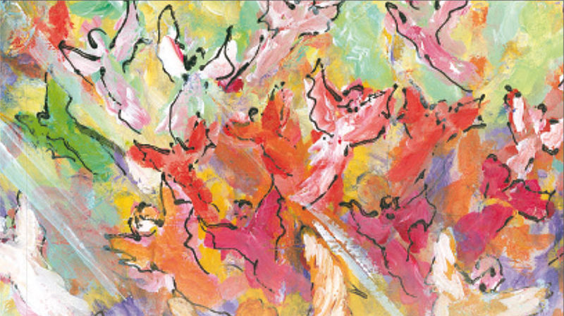 Fra Bjørg Engeset Laurendz Eides omslag til boken «Når engler vrimler - Bønner og betraktninger» av Ragnhild Bakke Waale. (Verbum 2010).