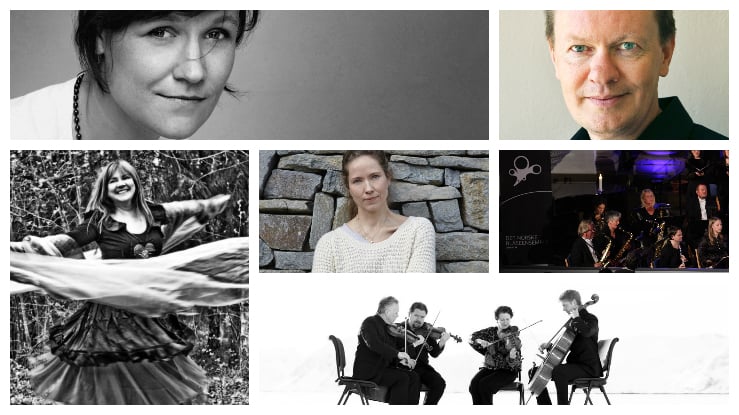 Maria Tryti Vennerød (foto: Fredrik Arff/Cappelen Damm), Mari Boine (foto: Carina Musk Andersen), Det Norske Blåseensemble (foto: dnbe.no), Hanna Dahl (foto: Julie Pike/Gyldendal), Steinar Opstad (foto: Rolf M. Aagard/Kolon forlag), Engegårdkvartetten (foto: engegardquartet.com)